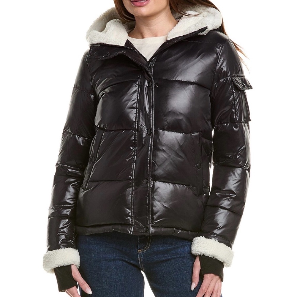 S13 Black Puffer Jacket with White Sherpa Hood & Cuffs